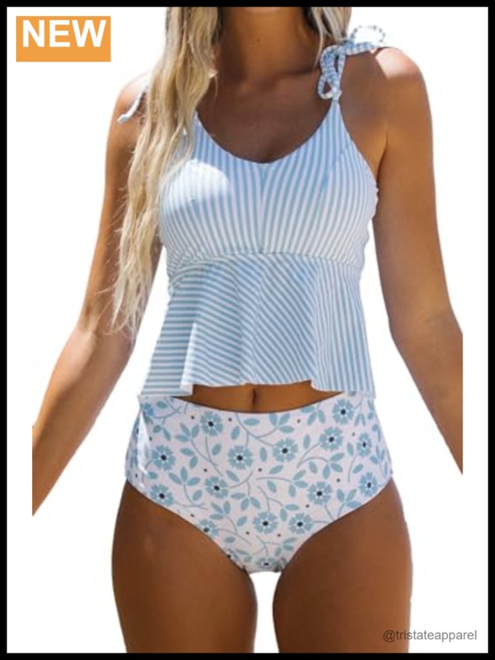 Tankini Set Tie Shoulder Stripe Print Adjustable Straps Swimwear